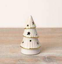 Load image into Gallery viewer, White Ceramic LED Christmas Tree with Gold Trim