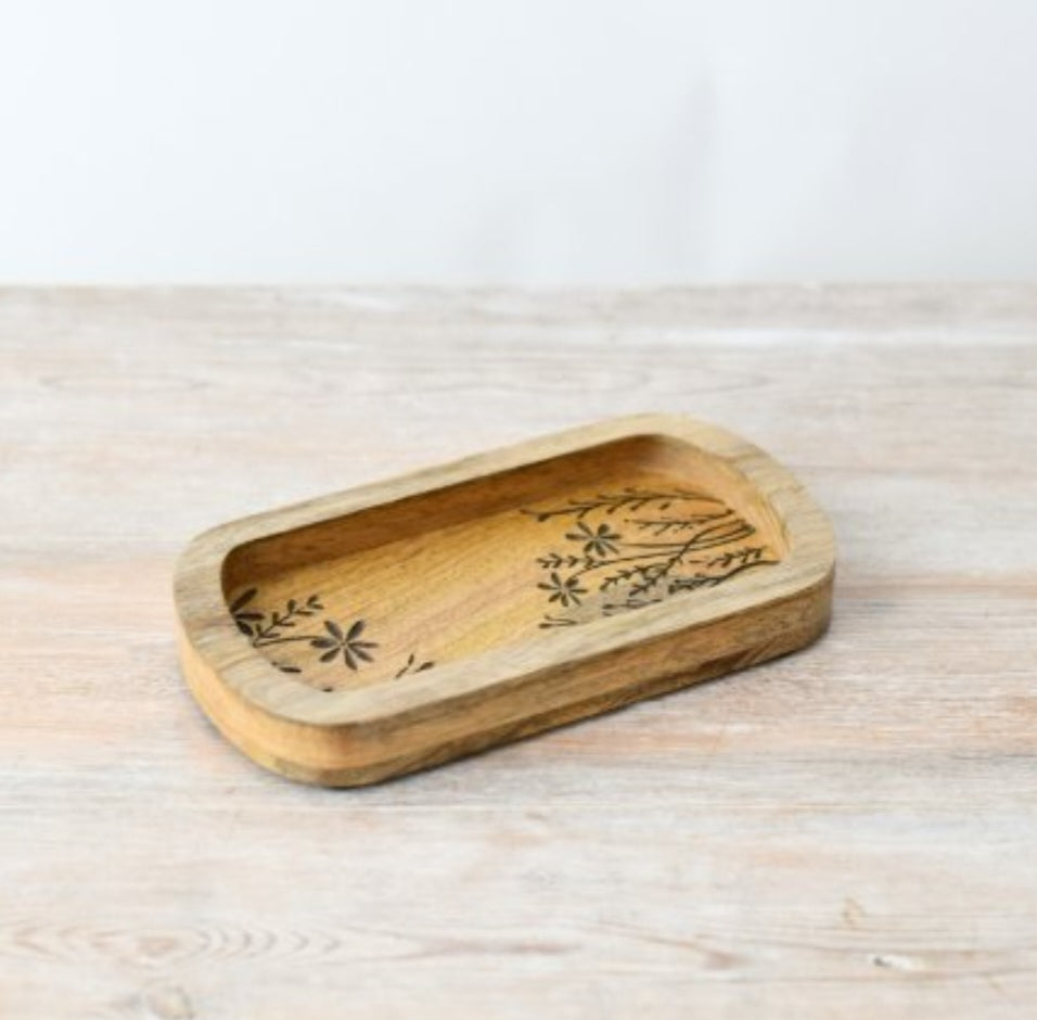 Flower Etched Wooden Tray