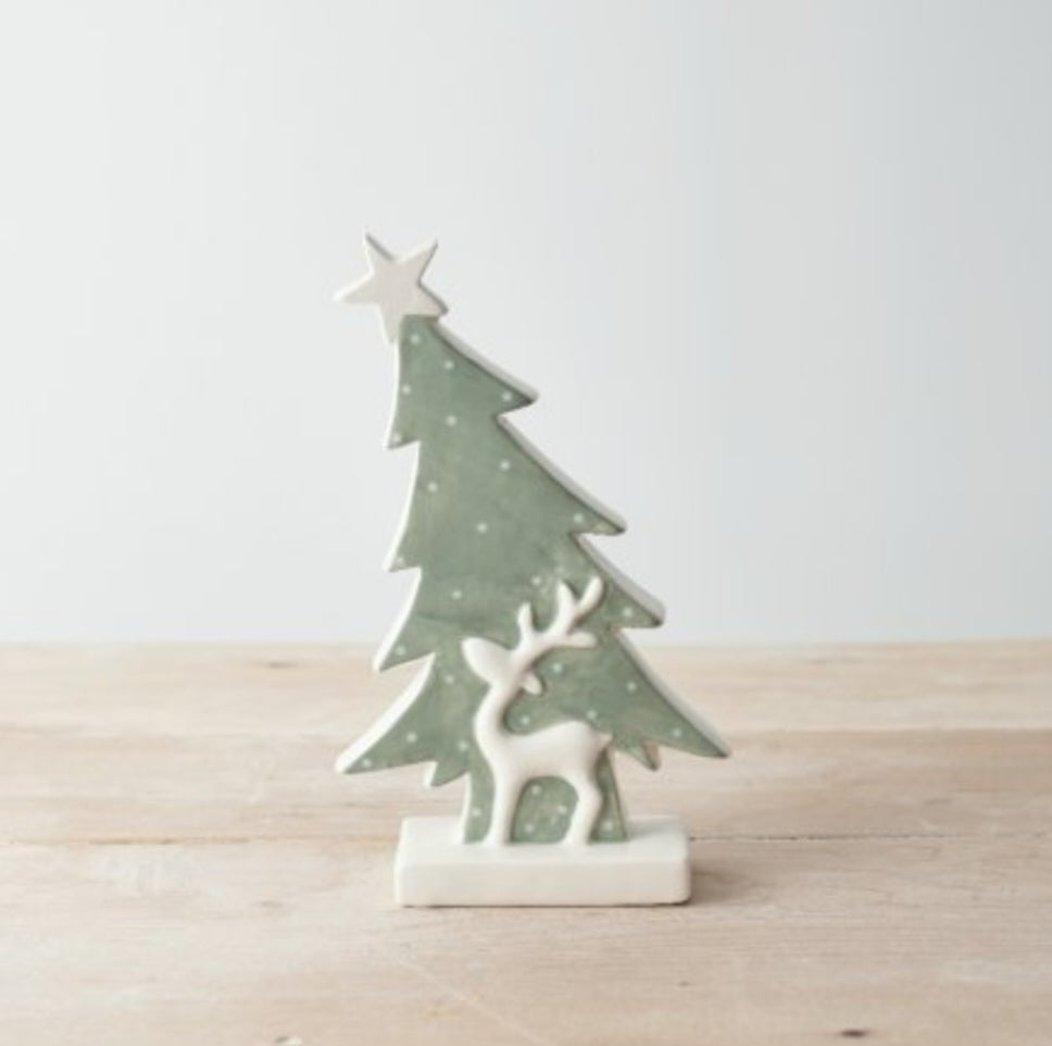 Sage Green & Polka Dot Ceramic Leaning Christmas Tree with Reindeer