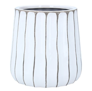 White & Grey Ribbed Ceramic Pot